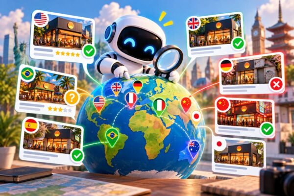 Illustrazione di un robot con lente d'ingrandimento su un globo e schede di locali con bandiere e valutazioni