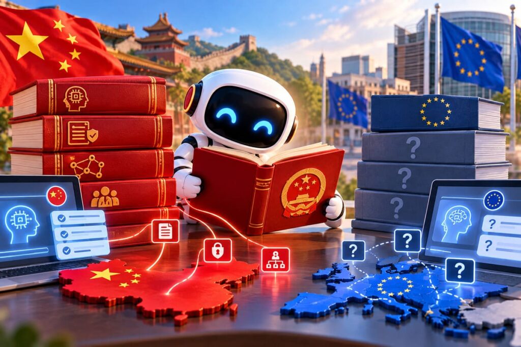 Illustration of a robot reading a red book between Chinese AI rulebooks and European books marked with question marks