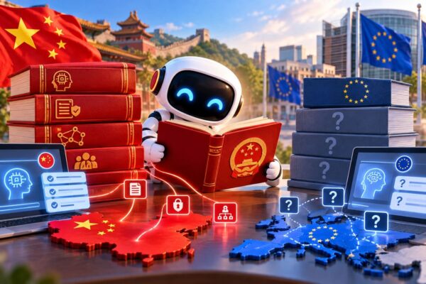 Illustrazione di un robot che legge un libro rosso tra regole AI cinesi e libri europei con punti interrogativi