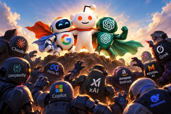 Illustrazione di robot con i loghi di Google, Reddit e OpenAI su una collina, circondati da robot di Claude, Perplexity, Copilot e Grok