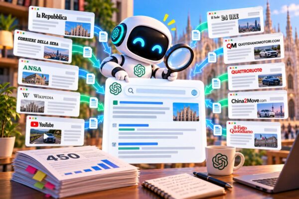 Illustrazione di un robot con lente d'ingrandimento che raccoglie fonti come Corriere della Sera e Wikipedia in ChatGPT Search