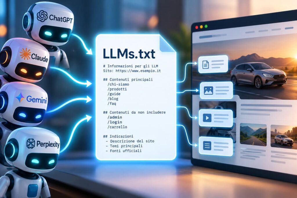 Illustrazione di robot ChatGPT, Claude, Gemini e Perplexity che leggono un file LLMs.txt collegato a un sito