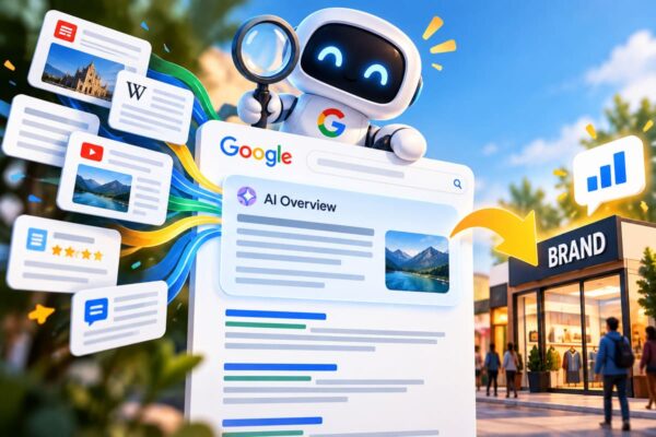 Illustrazione di un robot Google con lente che unisce fonti web in una AI Overview diretta verso un negozio con insegna BRAND
