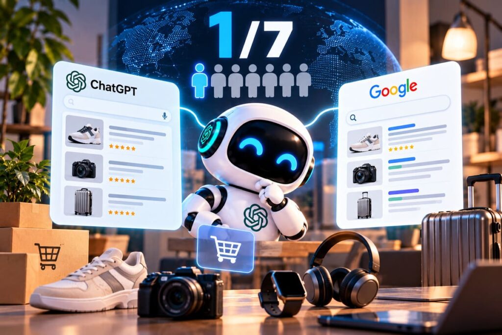 Illustrazione di un robot con logo ChatGPT tra schede di shopping di ChatGPT e Google e la scritta 1/7