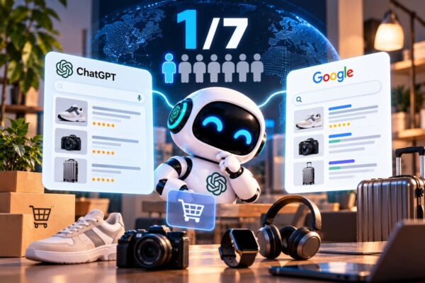 Illustrazione di un robot con logo ChatGPT tra schede di shopping di ChatGPT e Google e la scritta 1/7