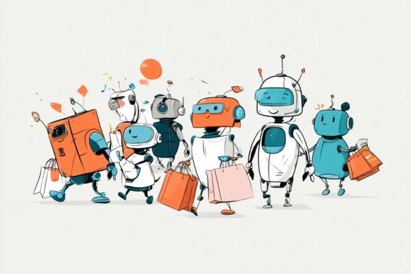 Illustrazione di un gruppo di robot colorati che camminano insieme portando borse della spesa, come agenti AI