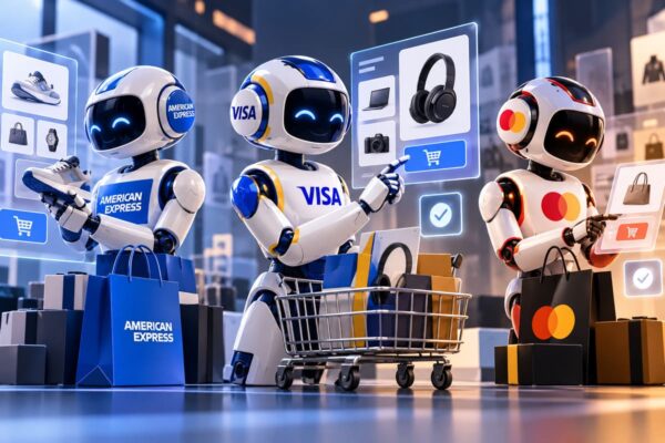 Illustrazione di tre robot agenti AI con i loghi American Express, Visa e Mastercard che fanno acquisti online