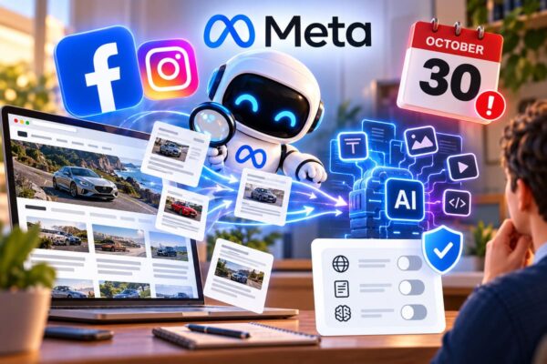 Illustrazione di un robot con logo Meta che raccoglie pagine web di auto verso un sistema AI, calendario 30 ottobre