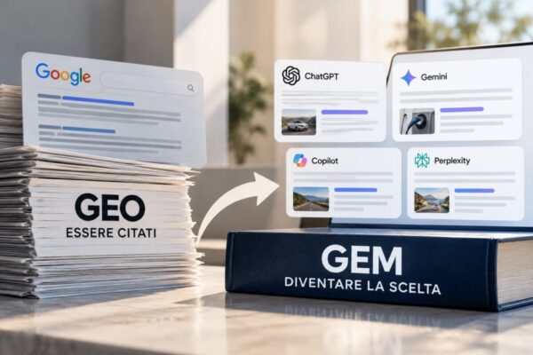 Illustrazione con pila di fogli GEO essere citati e libro GEM diventare la scelta con ChatGPT, Gemini, Copilot e Perplexity