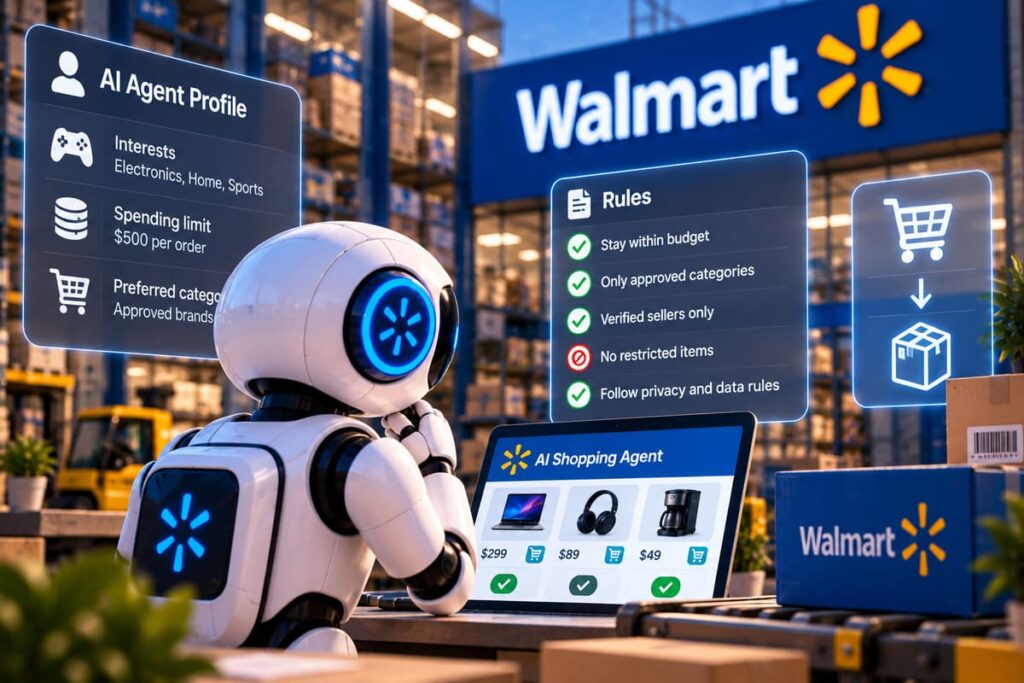Illustration of a Walmart AI agent robot at a laptop showing products, a profile, and shopping rules
